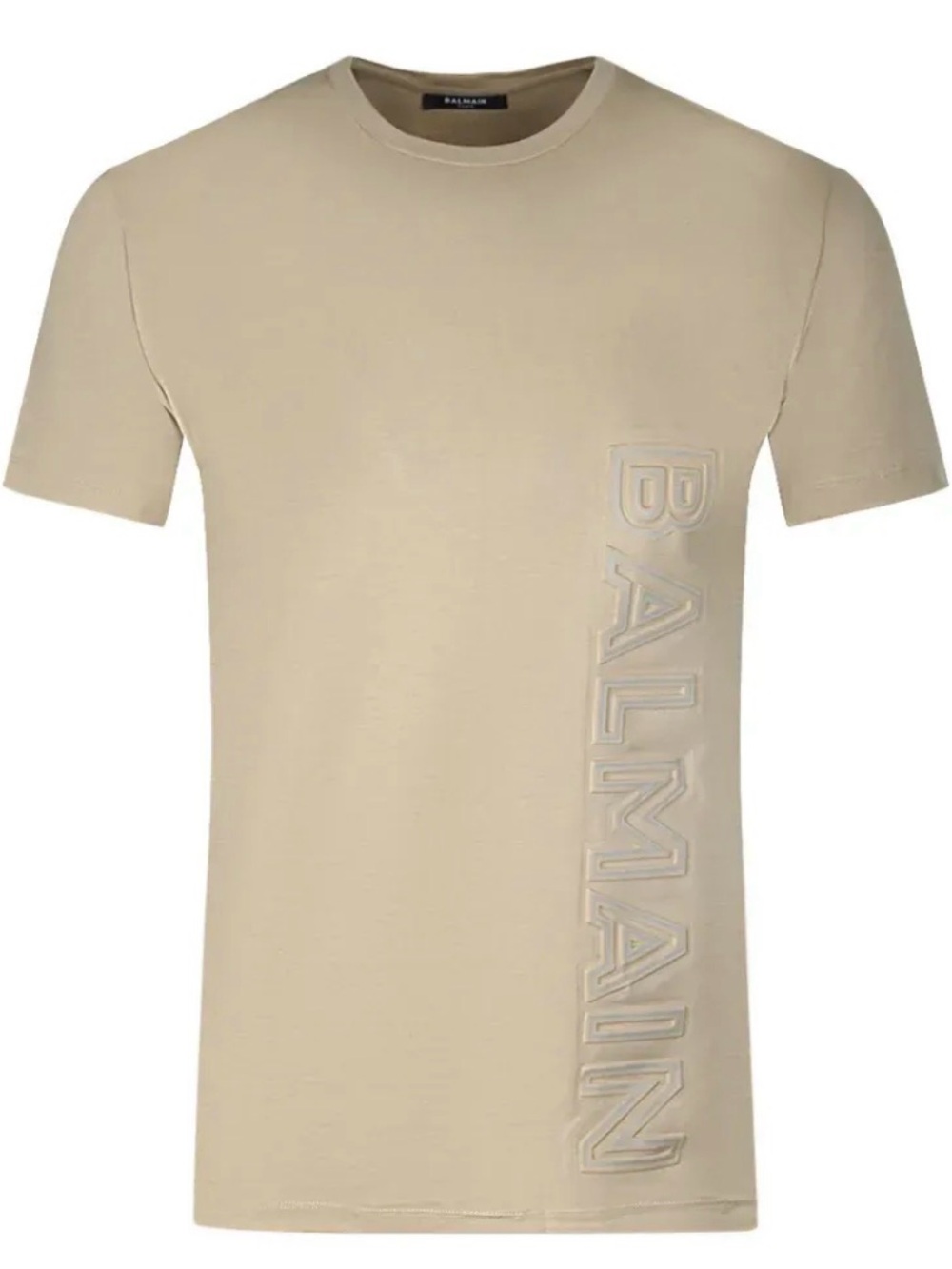 Balmain Beige Short-Sleeve Crew Neck T-Shirt with Vertical Logo